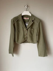 FREE PEOPLE DENIM JACKET LONELY HEARTS Khaki Green Crop XS / UK 6-8 ❤️RRP £168