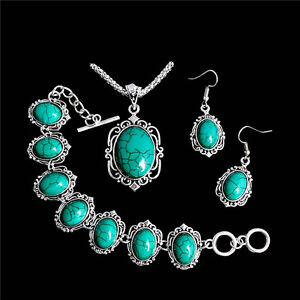 Antique Tibetan Silver Vintage Turquoise Necklace Bracelet Earrings Jewelry Set