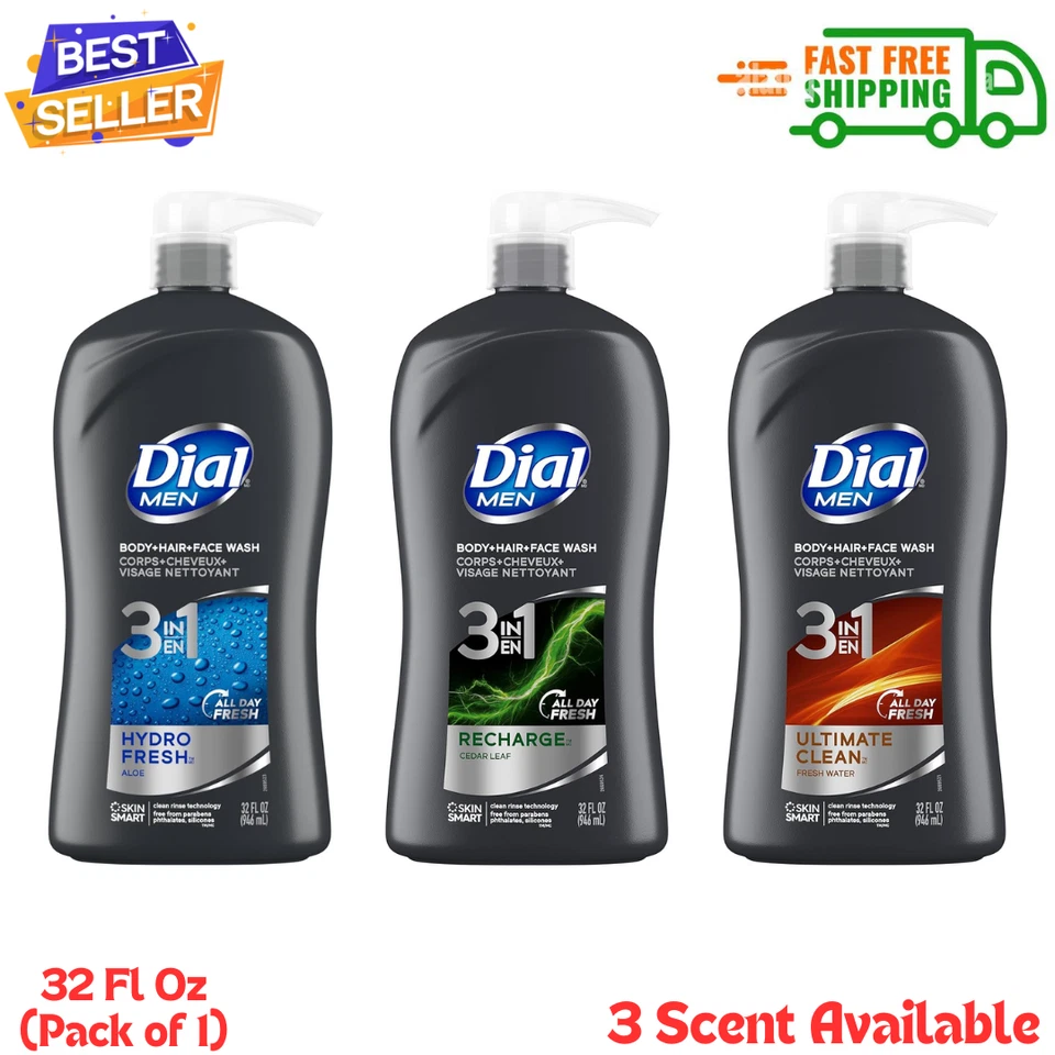 Dial Men 3 en 1 Jabón Corporal, Cabello y Facial, 3 Aromas, 32 Fl Oz (Paquete de 1)... Foto 1 de 1