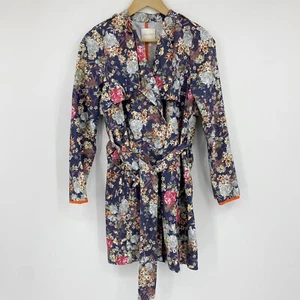 Line & Dot Womens Cafe de Flora Belted Trench Coat Blue Pink Floral Sz XS - Picture 1 of 8