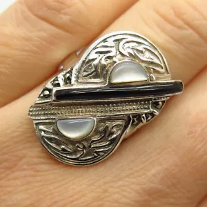 925 Sterling Silver Mother-of-Pearl & Black Onyx Marcasite Gem Wide Ring Size 7 - Picture 1 of 4