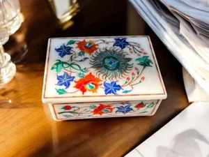4"x3" White Marble Storage jewelry Box Multi Precious Stone Floral Arts Gifts - Picture 1 of 6