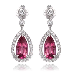 Pink Tourmaline 6.42 carats & 1.26 carats Diamonds set in Pl. & 18 KYG Earrings - Picture 1 of 4
