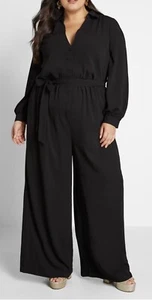 ModCloth Jumpsuit Women’s Small Black Everything & More Wide Leg Pockets Collar - Picture 1 of 6