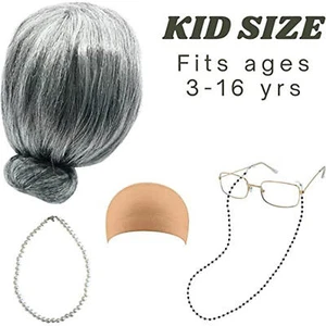 Novelty Old Lady Costume for Kids Grandma Costume for Kids Gray Wig Necklace - Picture 1 of 10