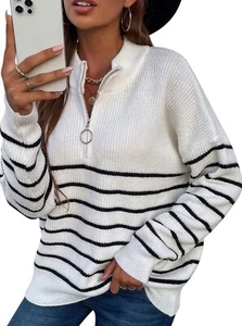 Womens Quarter Zip Pullover, Cropped Half Zip Sweatshirt Striped Sweater Oversi - Picture 1 of 7