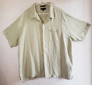 Grant Thomas Pure Silk Button Down Shirt Beige Short Sleeve Palm Trees Mens L - Picture 1 of 11