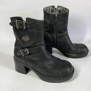 Harley Davidson Womens Leather Boots Sz 6.5 Black Double Buckle Chunky Heel - Picture 1 of 12