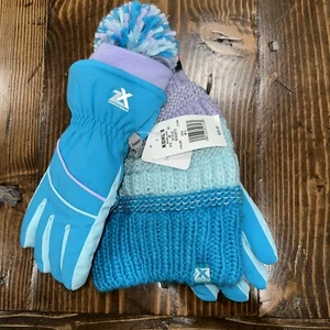 NWT ZX Outdoors Girls M/L Winter Hat And Glove Set - Blue/Purple - Picture 1 of 8