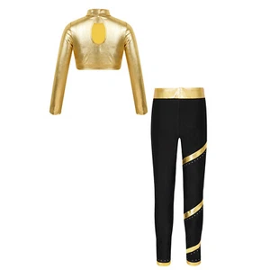 Kids Girls Sports Outfit Jazz Crop Top With Pants Metallic Shirt And Trousers - Picture 1 of 33