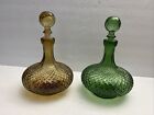 VTG Rossini Empoli Italy 2 Green, Amber Diamond Glass Decanters Genie Bottles 9”