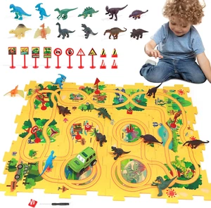 Puzzle Track Car Play Set with 12 Dinosaur Figures, Plastic Railcar Floor Puzzle - Picture 1 of 17