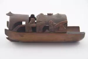 Antique Asian Carved Bamboo Brush Pot Detailed Carving of fishing Boat Junk Boat - Picture 1 of 12