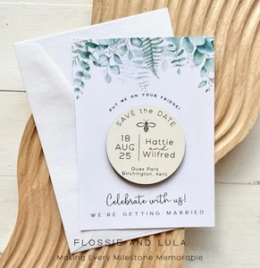 PERSONALISED SAVE THE DATE WOODEN MAGNETS CARDS CALENDAR WEDDING INVITATIONS - Picture 1 of 5