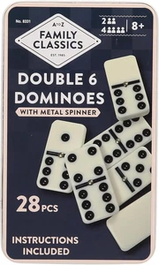 DOMINOES DOUBLE SIX PLASTIC BLACK WHITE DOT 28 DOUBLE 6 DOMINOES SET UK - Picture 1 of 6