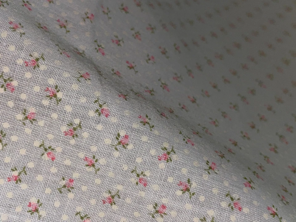 16" X 44" Vintage Tiny Pink Rosebuds White Dotted Swiss Fabric Semi-Sheer - Image 1 of 4