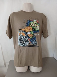 Monster Biker Riding Sport Bike Exhaust Flames Cartoon Taupe T-shirt - Picture 1 of 5