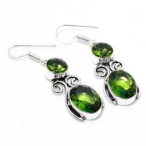 925 Sterling Silver Green Peridot Gemstone Handmade Earring Jewelry Size 2.0" - Picture 1 of 3
