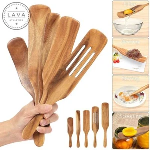 Spurtle Kitchen Cooking Utensil 5pc Set Teak Wood Non Stick Wooden Spatula Spoon - Picture 1 of 12