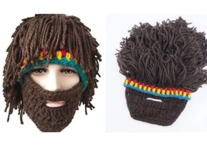 Christmas Winter Handmade Wool Knit Hat Wig Bearded Funny Men Party Headgear Fes - Picture 1 of 6