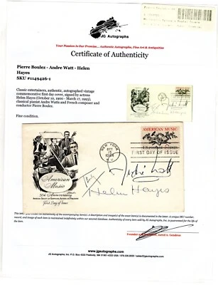 #1252 Music 1964 FDC - Autographed Pierre Boulez, Andre Watt, Helen Hayes w/COA - Image 1 of 2
