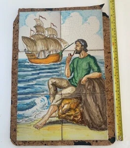 Old Vintage Nautical Art Pottery Tiles Sailing Ship Hand Painted Majolica Faince - Picture 1 of 15