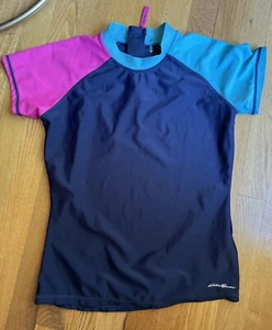 Girls Eddie Bauer Rash Guard Swim Shirt Sz Large 14/16 Blue Zipper Pink EUC - Picture 1 of 6