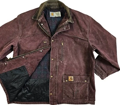 HOT VTG Men USA CARHARTT C10BRG WORKWEAR BLANKET LINED BURGUNDY CANVAS Jacket XL - Image 1 of 4