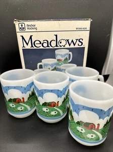 Juego De 4 Tazas, Anchor Hocking MEADOWS Leche Vaso 1982 Caja Original Granja Oveja - Imagen 1 de 20