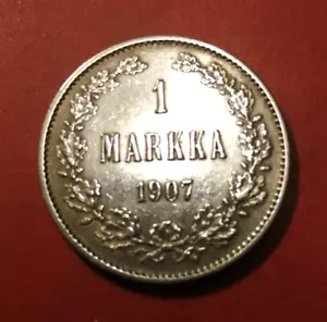 Finland  * 1 Markkaa 1907 Silver *Nicholas  II * Very Good cond. 1+ *RARE* - Picture 1 of 2