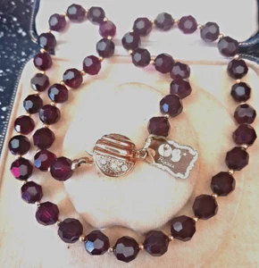 Vintage Czech Bohemian Garnet Glass Necklace Diamante Clasp Original Tag Ex Cond - Picture 1 of 4