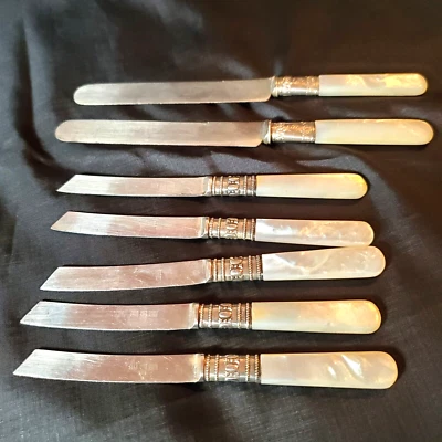 Juego de 7 cuchillos de mantequilla con bandas de plata esterlina Shreve & Co. de colección con asas de fregona Foto 1 de 4