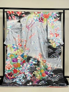 Japanischer Kimono SEIDE,"Hikifurisode" Rowel, SIL Blatt, Folie, Pflaumenblüten, L5'6".4479 - Bild 1 von 8