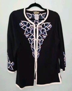 Nuevo sin etiquetas Cárdigan Bob Mackie Usable Arte Floral Azul Rosa Recortado Para Mujer Cuentas Medianas - Imagen 1 de 8