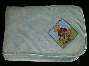 Blue Jean Teddy Velour Baby Blanket Blue Satin Trim Blocks Overalls 29" X 39 BJT - Picture 1 of 2