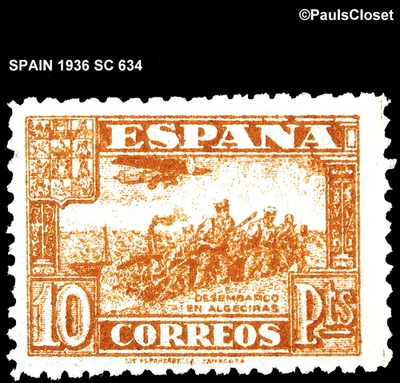 ESPANHA 1936 SC 634 TROPAS DESEMBARCANDO @ ALGECIRAS LIGHT BRN 10p MVLH OG MUITO BOM ESTADO/F - Imagem 1 de 2