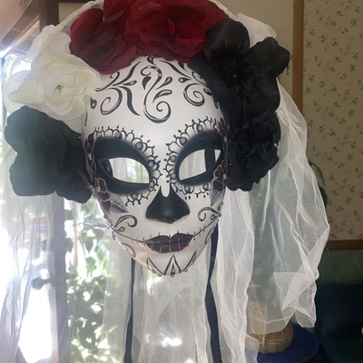 Day of the Dead Dia de los Muertos Full Face Masquerade Mask with White Veil - Image 1 of 3