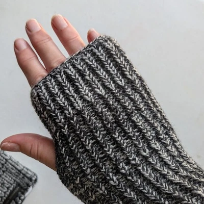 Rebecca Minkoff Rib Knit Fingerless Gloves Black & Cream Marled Knit Arm Warmers - Image 1 of 4