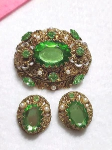 Vintage West Germany grüne Glasimitatperlen Emaille Set Clip auf Ohrringe & Brosche - Bild 1 von 7