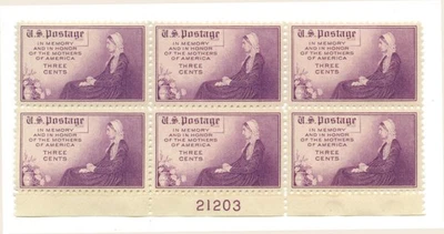 US 738 Mothers MNH plate block of 6 - plate #21203 - Image 1 of 2