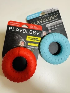 Set Of 2 Playology Dog Toys RING Toy Peanut Butter + Beef Large - Picture 1 of 3