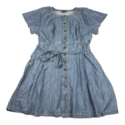 Womens Denim Button Front Dress Belted Short Sleeve Chambray Prairie Cottagecore - Image 1 of 4