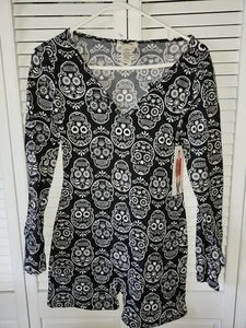 Shosho Damen Gr. M Langarm Strampler Einteiler Shorts schwarz Totenköpfe Halloween - Bild 1 von 13