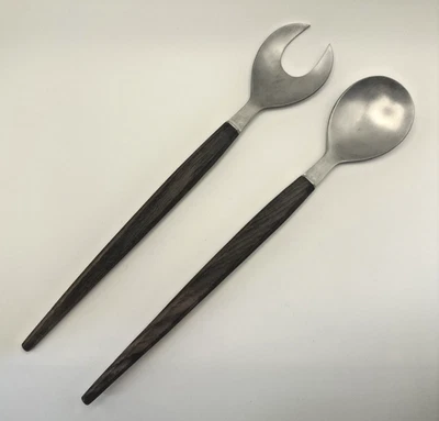 Japanese Salad Serving Spoon & Fork Set Wood Handle Stainless Steel Vtg MCM - Image 1 of 4