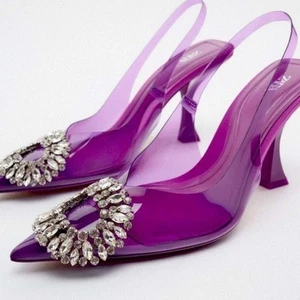 NWT Zara Embellished Vinyl Heels Violet formal sling backs Size EU 38 US 7.5 - Picture 1 of 11