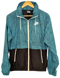 NIKE Womens Black Aqua Logo Hidden Hood Running Windbreaker Jacket - Size M - Picture 1 of 8