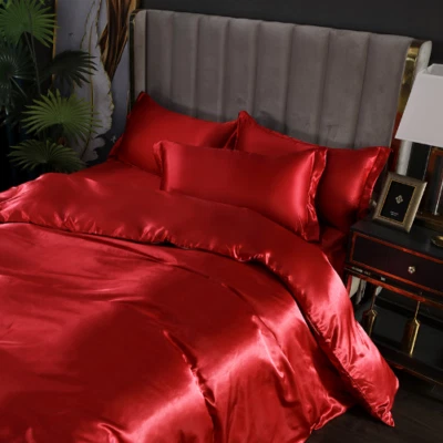 Juego de cama de seda morera con funda nórdica sábana funda de almohada satinado de lujo Foto 1 de 4