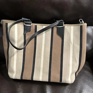 Jack Gomme Brown Multi Stripe Canvas Handbag w Black Leather Trim and Handles - Picture 1 of 11