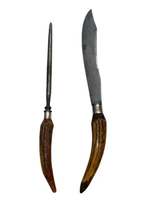 Conjunto antigo de escultura WM Rogers afiador de facas chifre de veado articulações de prata esterlina - Imagem 1 de 4