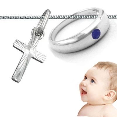 FACHHANDEL-DIREKT Jungen Taufe Safir Taufring mit Kreuz Anhänger inkl. Kette 36cm Echt Silber 925